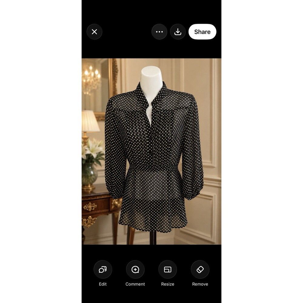IN Studio Women’s Medium Black White Polka Dot Sheer Tie Back Blouse Chiffon